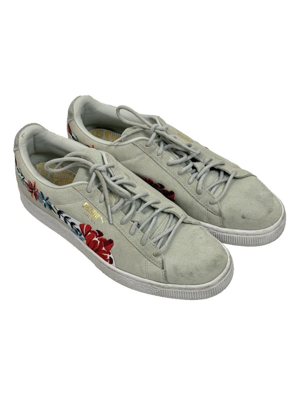 Women's PUMA Suede Hyper Floral Embroidery Embellished Size 9.5 US Shoes Grey